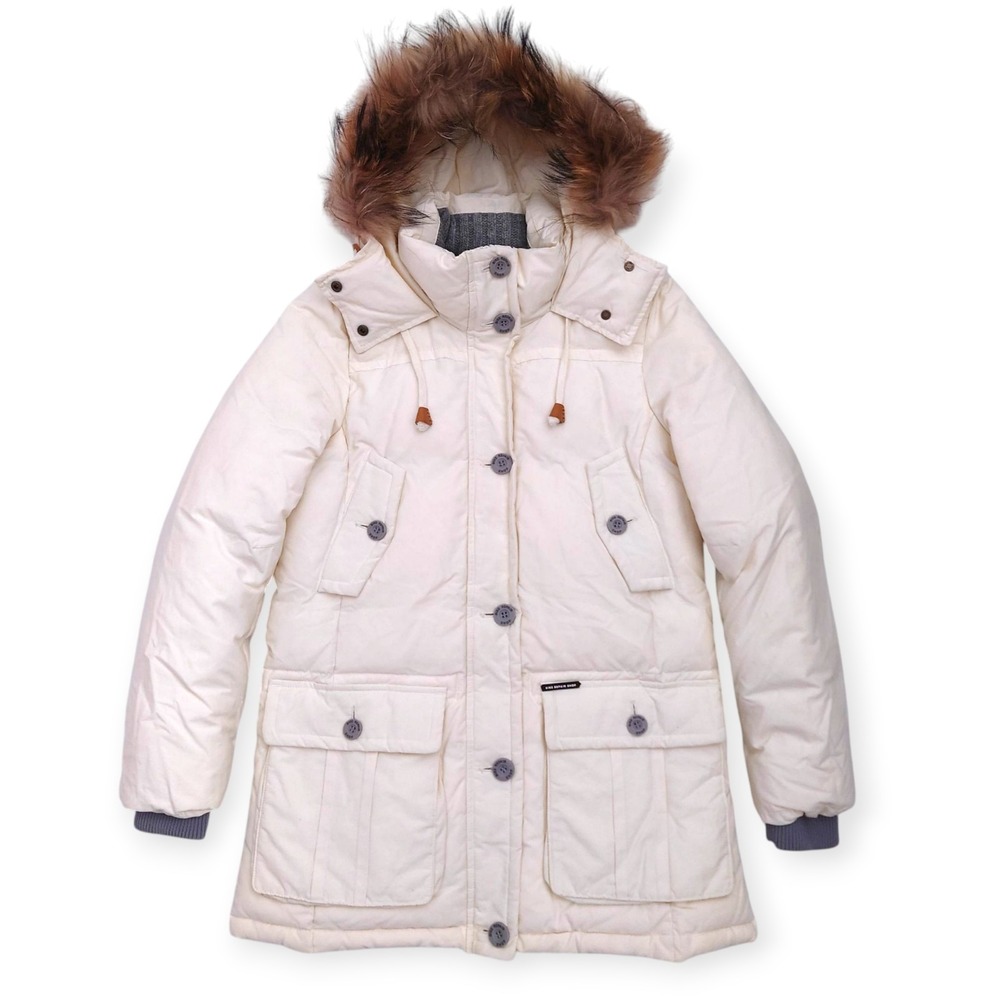 Beanpole Parka Jacket Womens XS Ivory Down Hood Raccoon Fur Bike Repair Shop